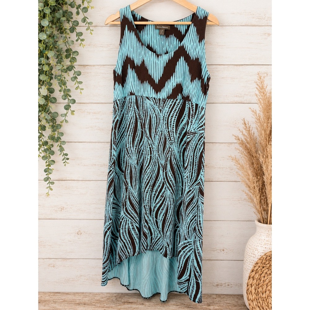Tommy Bahama High Low Dress Womens Large Blue Brown Chevron Print Sleeveless